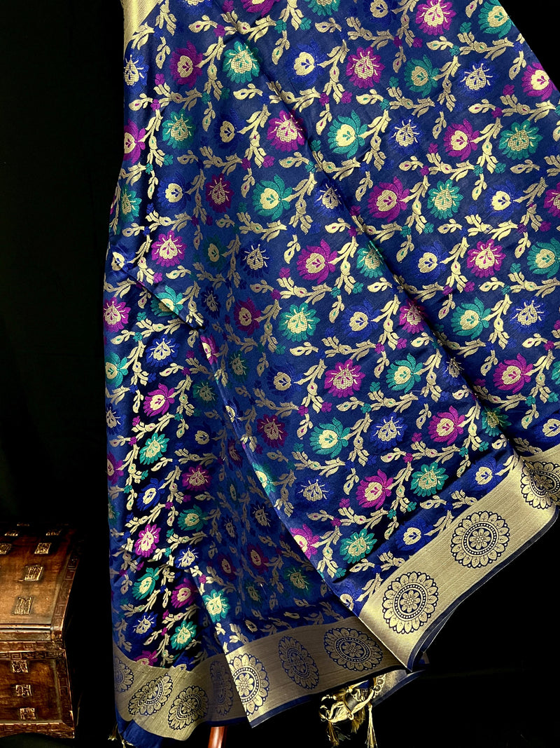 Blue Color Banarasi Silk Dupatta - Floral Jaal with Meenakari - Muted Gold Zari Weaving Dupatta - Dupatta Gift For Her - Dupatta for Lehenga