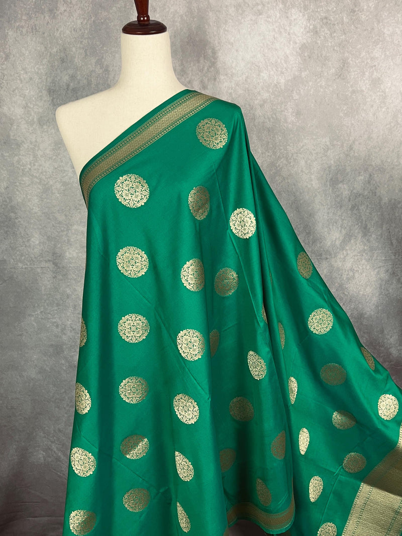 Dark Green Color Handmade Soft Silk Zari Weaved Dupatta with Chakras with Grand Flower Borders | Indian Dupatta | Gift For Her