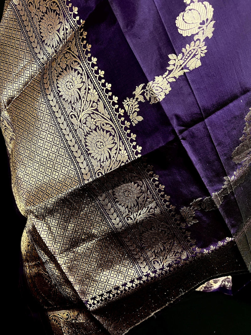 Eggplant Color Pure Banarasi Katan Silk Dupatta with Muted Gold Zari - SILK MARK Certified