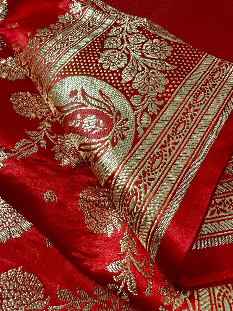 Bright Red Traditional Banarasi Satin Silk Saree with Gold Zari Jaal Weave