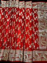 Bright Red Traditional Banarasi Satin Silk Saree with Gold Zari Jaal Weave