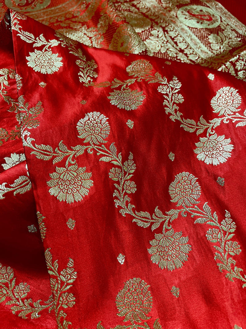 Bright Red Traditional Banarasi Satin Silk Saree with Gold Zari Jaal Weave