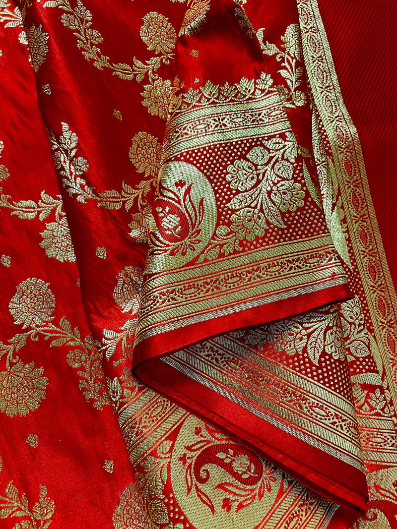 Bright Red Traditional Banarasi Satin Silk Saree with Gold Zari Jaal Weave