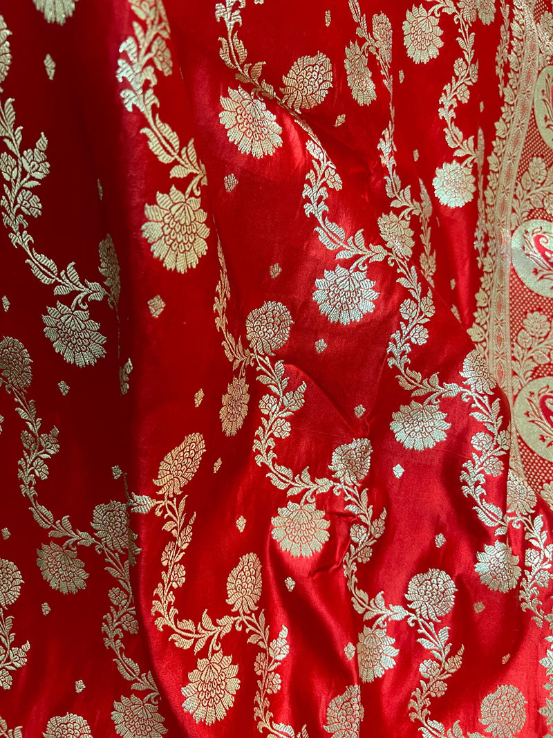 Bright Red Traditional Banarasi Satin Silk Saree with Gold Zari Jaal Weave