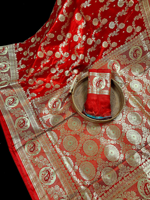 Bright Red Traditional Banarasi Satin Silk Saree with Gold Zari Jaal Weave