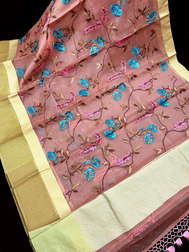 Handmade Onion Pink Color Banarasi Kora Organza Saree - Floral Jaal Embroidery