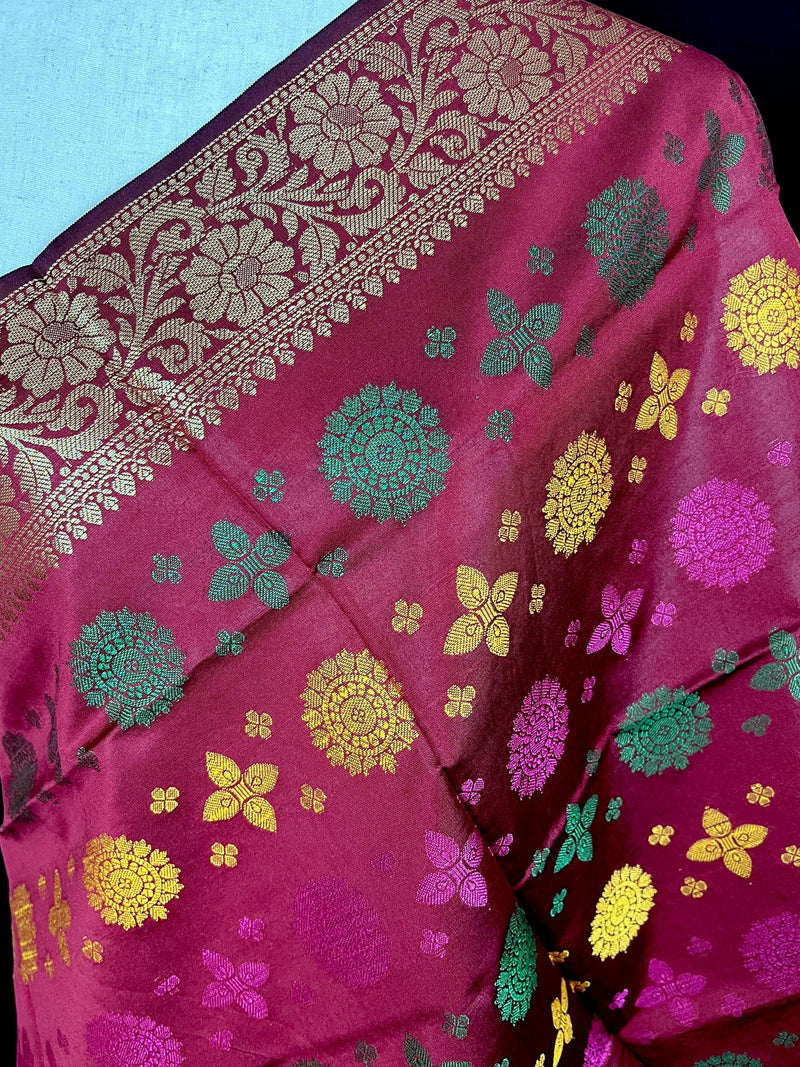 Burgundy Color Soft Silk Dupatta with Multi-Color Meenakari Work | Soft Silk Dupatta | Stole | Benarasi Dupatta | Gift For Her