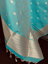 Pastel Sea Blue Handmade Soft Silk Zari Weaved Dupatta with Koniya design and small Buttis