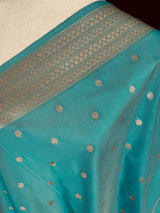 Pastel Sea Blue Handmade Soft Silk Zari Weaved Dupatta with Koniya design and small Buttis