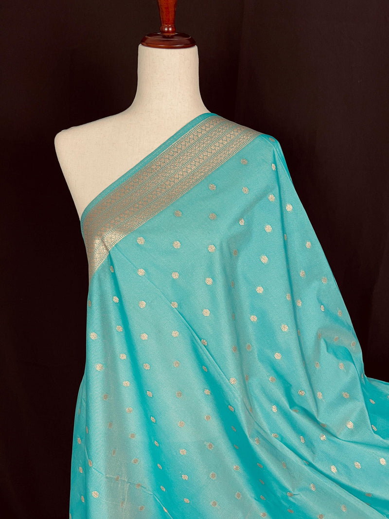 Pastel Sea Blue Handmade Soft Silk Zari Weaved Dupatta with Koniya design and small Buttis