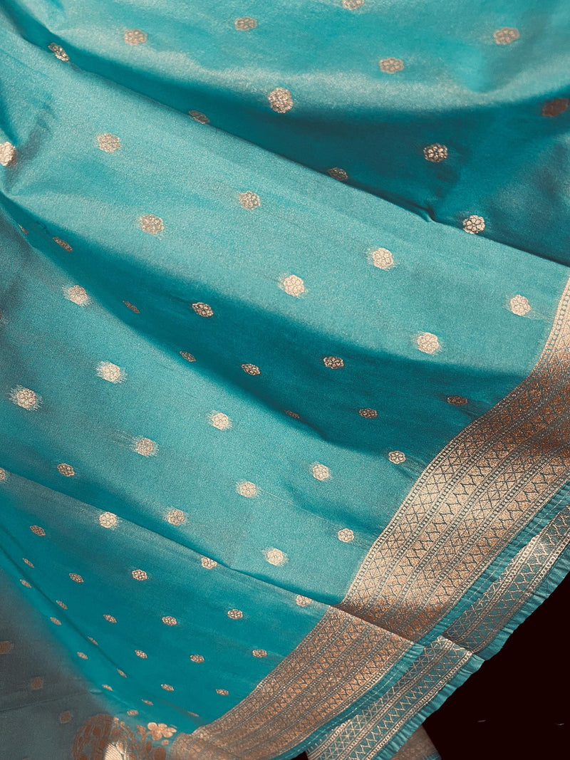 Pastel Sea Blue Handmade Soft Silk Zari Weaved Dupatta with Koniya design and small Buttis