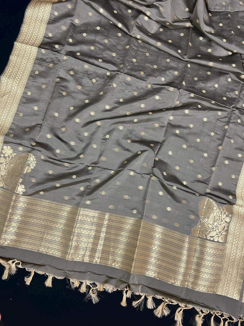 English Grey Color Handmade Soft Banarsi Silk Zari Weaved Dupatta with Koniya design and small Buttis