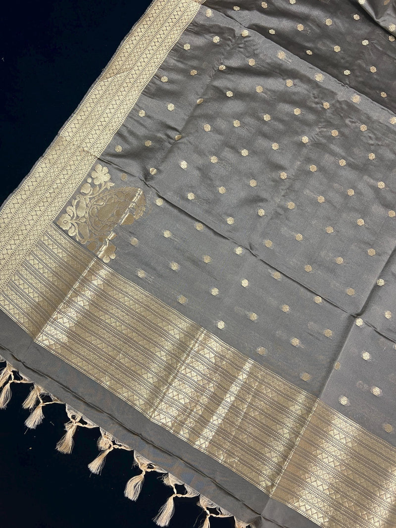 English Grey Color Handmade Soft Banarsi Silk Zari Weaved Dupatta with Koniya design and small Buttis