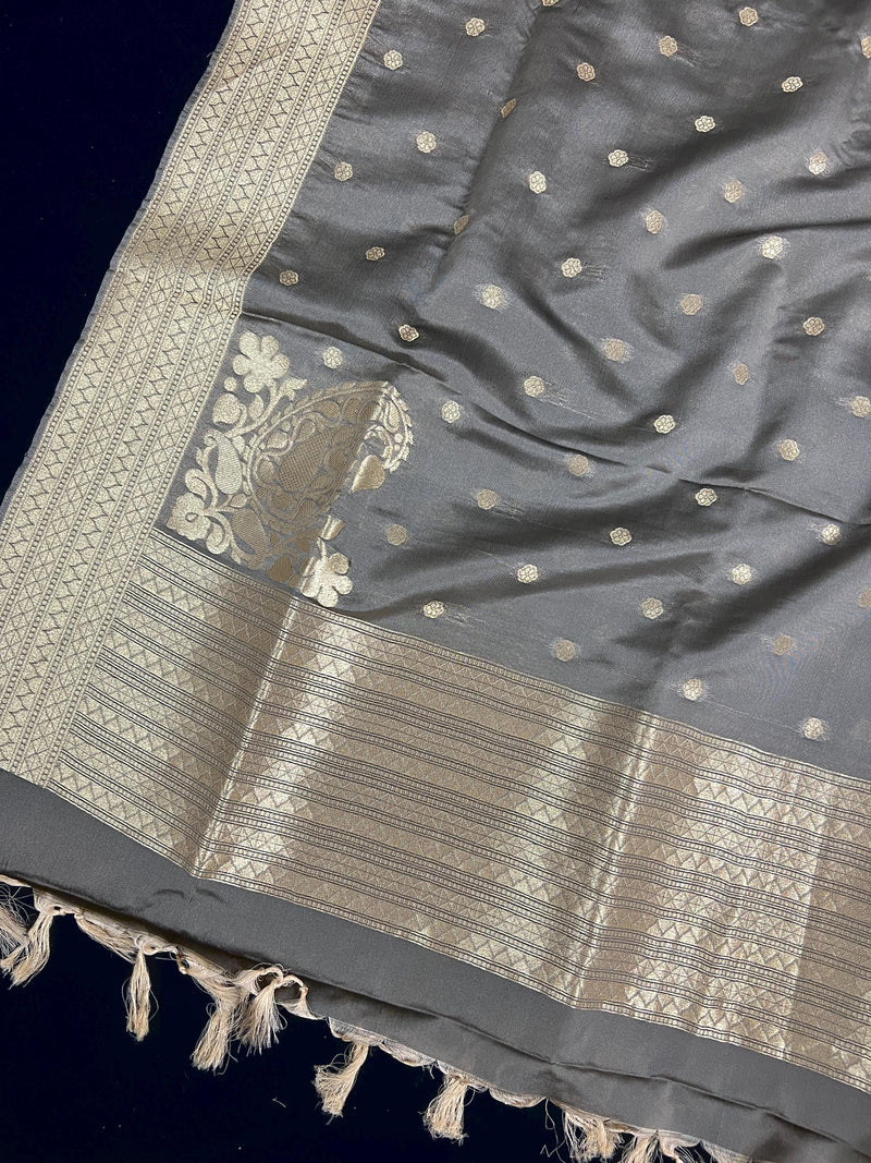 English Grey Color Handmade Soft Banarsi Silk Zari Weaved Dupatta with Koniya design and small Buttis