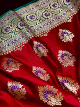 Bright Red and Bottle Green Traditional Banarasi Satin Silk Saree with Floral Jaal Pattern and Meenakari