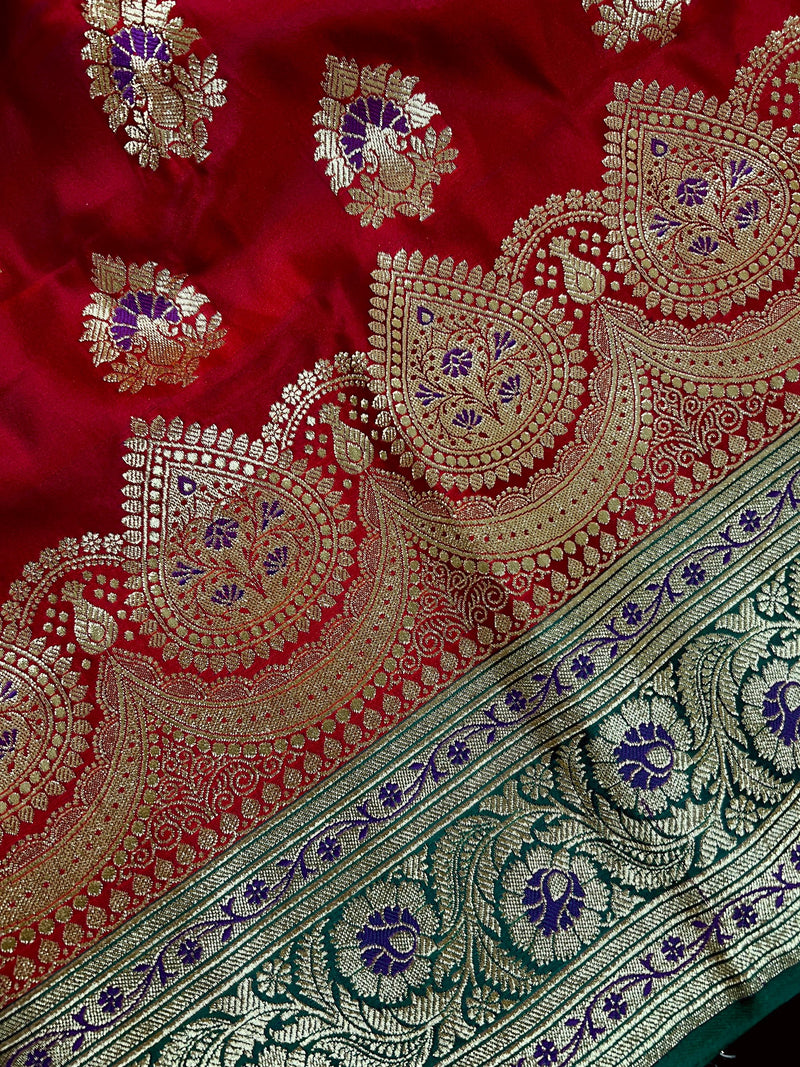 Bright Red and Bottle Green Traditional Banarasi Satin Silk Saree with Floral Jaal Pattern and Meenakari