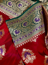 Bright Red and Bottle Green Traditional Banarasi Satin Silk Saree with Floral Jaal Pattern and Meenakari