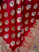 Bright Red and Bottle Green Traditional Banarasi Satin Silk Saree with Floral Jaal Pattern and Meenakari