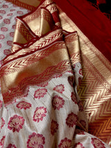 Beige Color with Maroon Half and Half Banarasi Semi-Tussar Silk Saree With Muted Gold Zari Weave