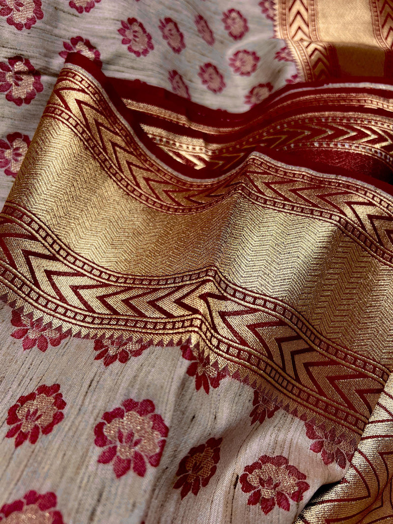 Beige Color with Maroon Half and Half Banarasi Semi-Tussar Silk Saree With Muted Gold Zari Weave