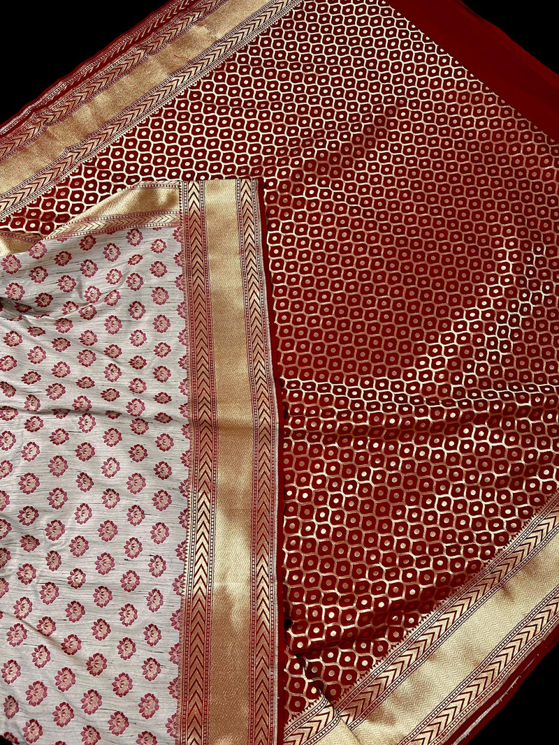 Beige Color with Maroon Half and Half Banarasi Semi-Tussar Silk Saree With Muted Gold Zari Weave