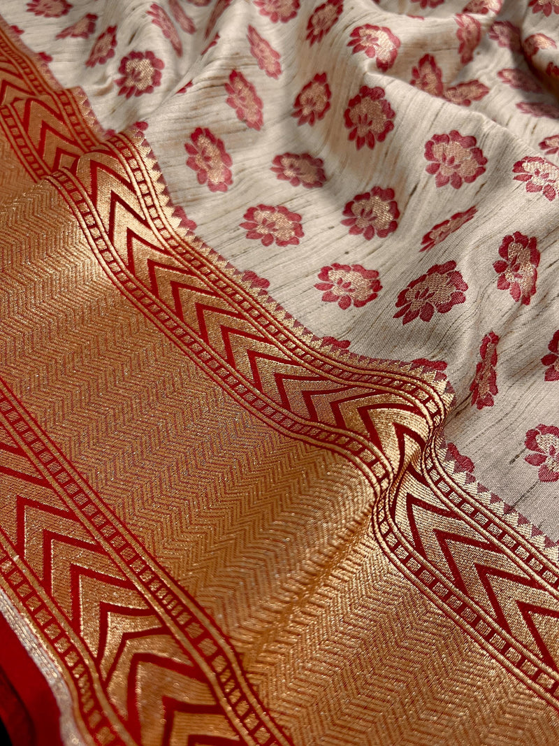 Beige Color with Maroon Half and Half Banarasi Semi-Tussar Silk Saree With Muted Gold Zari Weave