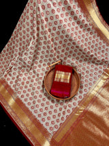 Beige Color with Maroon Half and Half Banarasi Semi-Tussar Silk Saree With Muted Gold Zari Weave