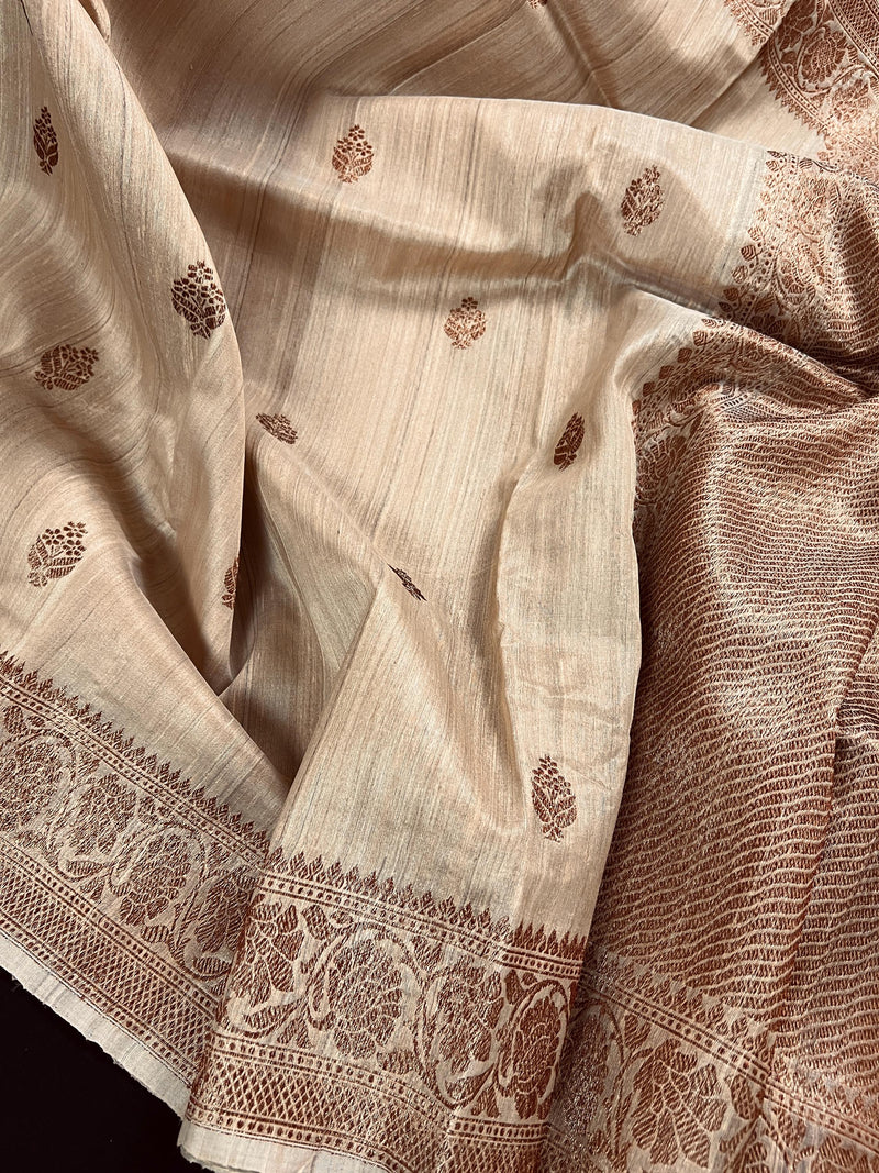 Beige Color Pure Tussar Saree with Antique Zari Weave  - Silk Mark Certified