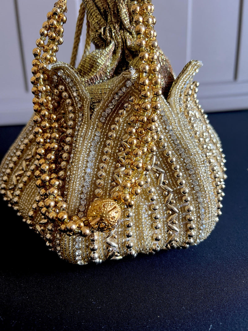 Gold Potli Bag | Gold Beaded Studded Clutch | Party Clutch Sling | Wedding Purse in Gold | Bridal Bag, Handmade, Embellished Lotus Potli