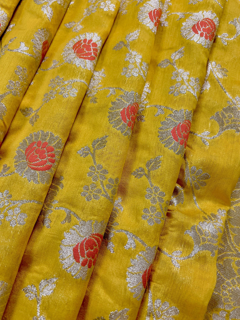 Bright Lemon Yellow Color Banarasi Handloom Cotton Silk Saree - Meenakari and Sliver Zari Weave- Floral Jaal Saree - Banarasi Sarees