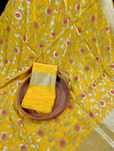 Bright Lemon Yellow Color Banarasi Handloom Cotton Silk Saree - Meenakari and Sliver Zari Weave- Floral Jaal Saree - Banarasi Sarees