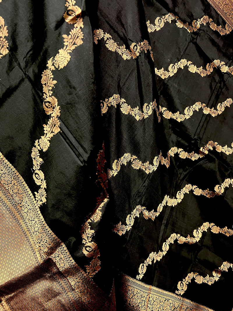 Black Color Pure Banarasi Katan Silk Dupatta with Muted Gold Zari - SILK MARK Certified