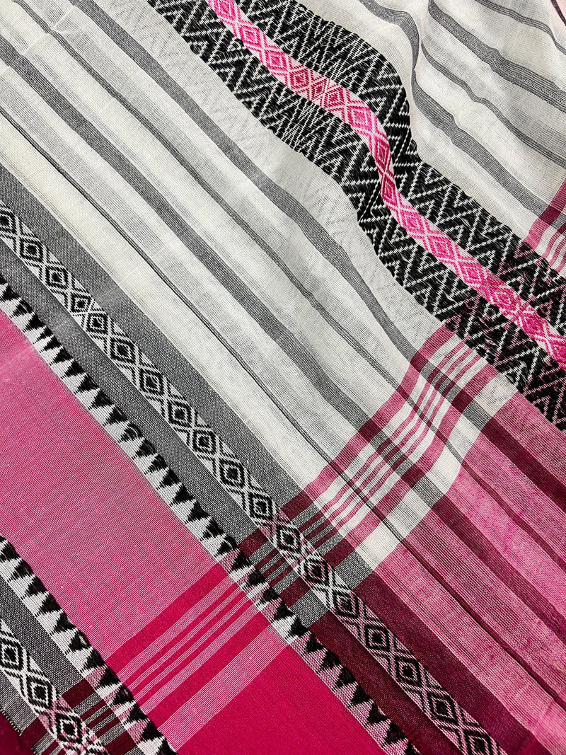 White with Pink and Black Bengal Handloom Cotton Saree - Bengal Sarees