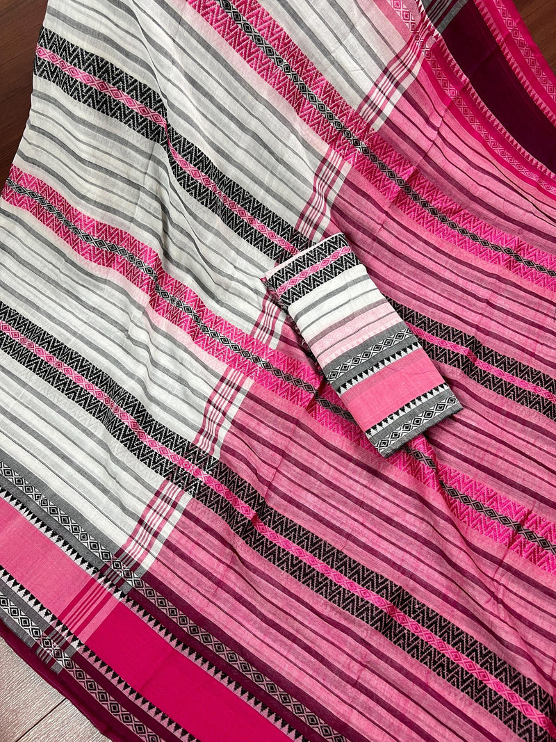 White with Pink and Black Bengal Handloom Cotton Saree - Bengal Sarees