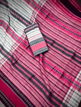 White with Pink and Black Bengal Handloom Cotton Saree - Bengal Sarees