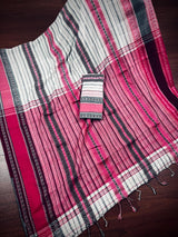 White with Pink and Black Bengal Handloom Cotton Saree - Bengal Sarees