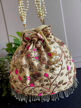 Raw Silk Floral Light Weight Potli Bag in Gold Color | Embroidery Work Potli Bags | Bags for Gifts | Wedding Bags