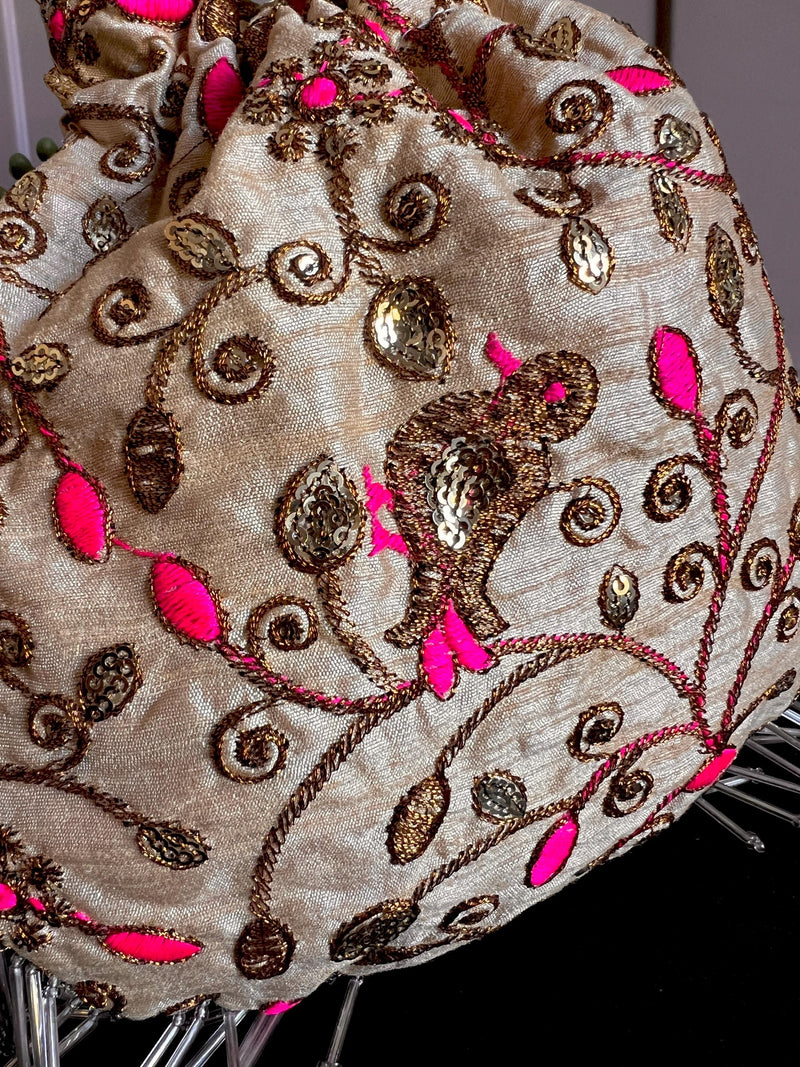 Raw Silk Floral Light Weight Potli Bag in Gold Color | Embroidery Work Potli Bags | Bags for Gifts | Wedding Bags