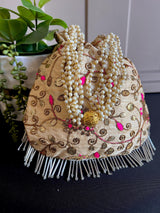 Raw Silk Floral Light Weight Potli Bag in Gold Color | Embroidery Work Potli Bags | Bags for Gifts | Wedding Bags