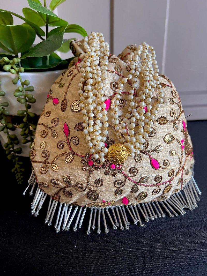 Raw Silk Floral Light Weight Potli Bag in Gold Color | Embroidery Work Potli Bags | Bags for Gifts | Wedding Bags