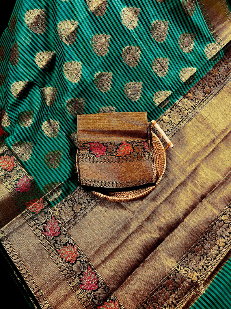 Handmade Dual Shade of Teal Green Maheshwari Handloom Cotton Silk Saree with Antique Gold Zari Weave with Banarasi Borders | Stripe Saree