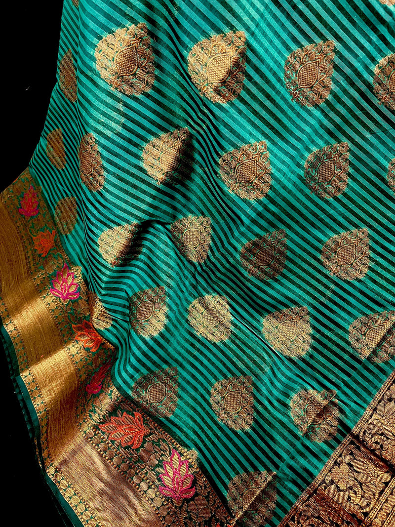 Handmade Dual Shade of Teal Green Maheshwari Handloom Cotton Silk Saree with Antique Gold Zari Weave with Banarasi Borders | Stripe Saree