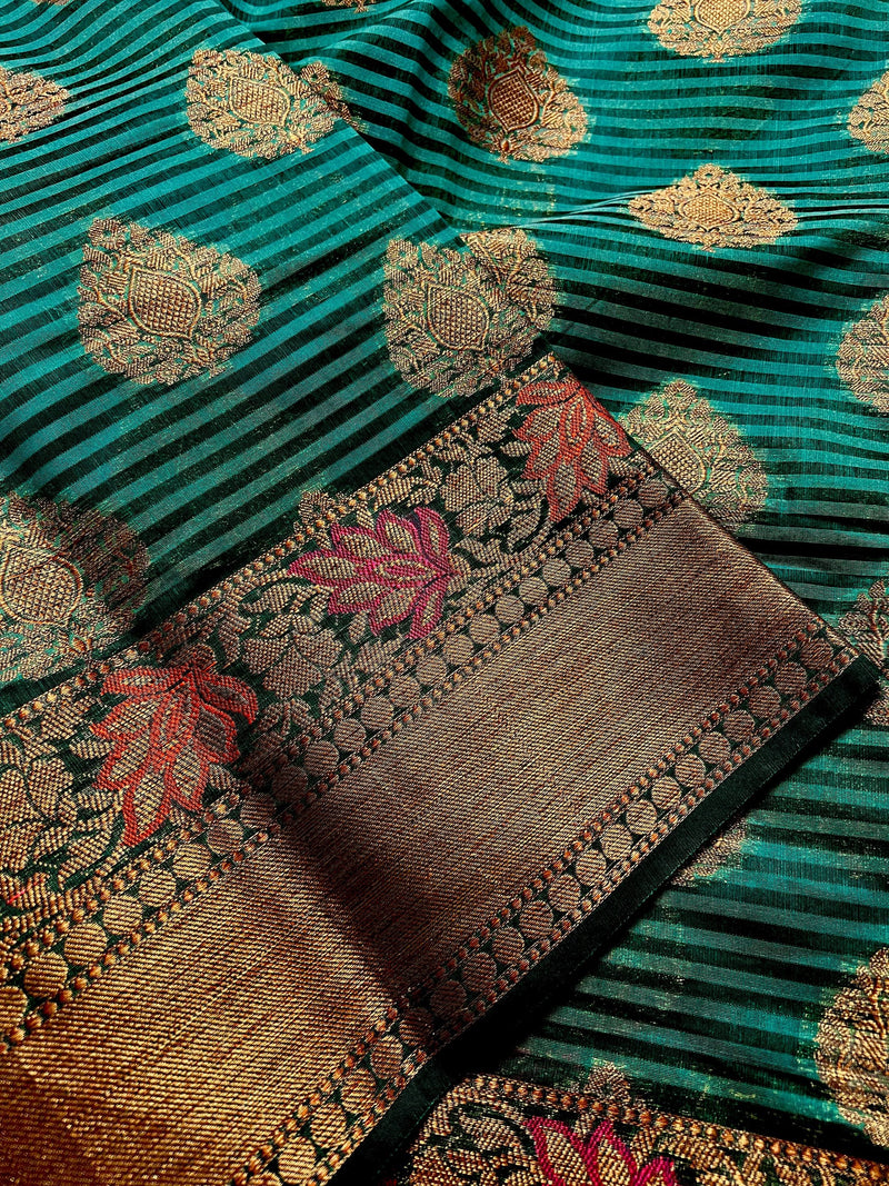 Handmade Dual Shade of Teal Green Maheshwari Handloom Cotton Silk Saree with Antique Gold Zari Weave with Banarasi Borders | Stripe Saree