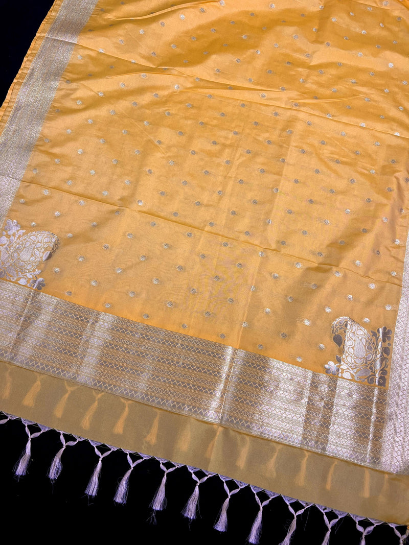 Handmade Soft Banarasi Silk Zari Weaved Mango Yellow Color Dupatta with Koniya design and Small buttis | Indian Dupatta | Stole | Scarf