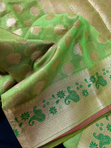 Handmade Parrot Green Semi Banarasi Silk Saree with Meenakari Work | Handmade with Zari Weaving