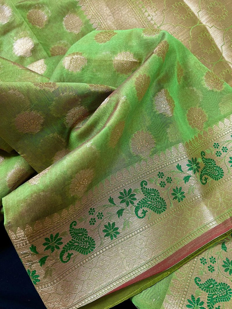 Handmade Parrot Green Semi Banarasi Silk Saree with Meenakari Work | Handmade with Zari Weaving