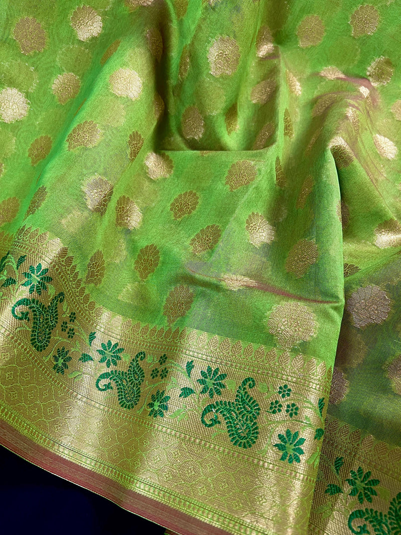 Handmade Parrot Green Semi Banarasi Silk Saree with Meenakari Work | Handmade with Zari Weaving