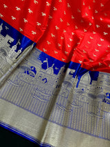 Red with Royal Blue Ganga Ghat Handloom Saree with Birds Motifs in Banarasi Silk with Satin Patta Wide Border