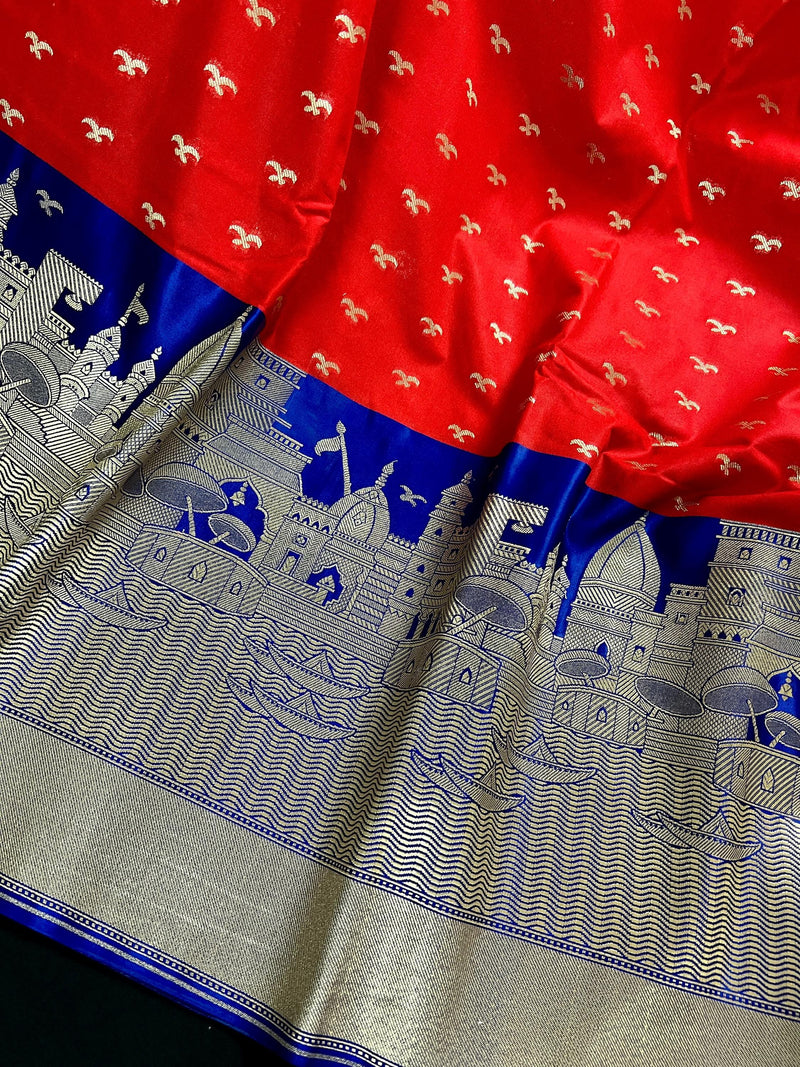 Red with Royal Blue Ganga Ghat Handloom Saree with Birds Motifs in Banarasi Silk with Satin Patta Wide Border