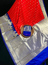 Red with Royal Blue Ganga Ghat Handloom Saree with Birds Motifs in Banarasi Silk with Satin Patta Wide Border